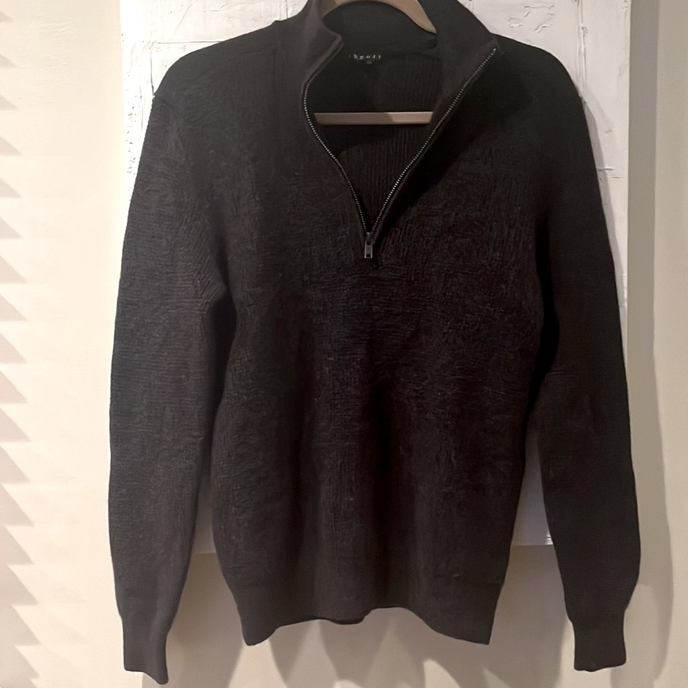 NEW Theory Merino Wool MEDIUM 1/4 Zip Pullover Sweater Ribbed Dark Grey MEN